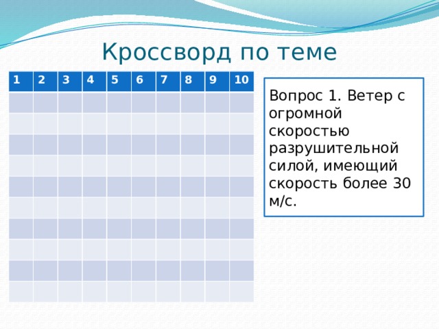 Кроссворд по теме 1 2 3 4 5 6 7 8 9 10 Вопрос 1. Ветер с огромной скоростью разрушительной силой, имеющий скорость более 30 м/с. 