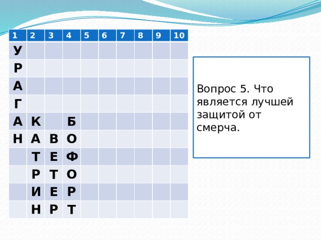 1 2 У 3 Р А 4 5 Г 6 А К Н 7 8 А Б В Т 9 10 О Е Р И Ф Т О Е Н Р Р Т Вопрос 5. Что является лучшей защитой от смерча. 