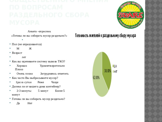 мониторинг общественного мнения по вопросам раздельного сбора мусора Анкета -опросник «Готовы ли вы собирать мусор раздельно?»   Пол (не опрашивается)  М Ж Возраст  лет Как вы оцениваете систему вывоза ТКО?  Хорошо Удовлетворительно Плохо  Очень плохо Затрудняюсь ответить Как часто Вы выбрасываете мусор?  1раз в сутки Реже Чаще Далеко ли от вашего дома контейнер?  2-3 минуты 5 минут Более 5 минут Готовы ли вы собирать мусор раздельно?  Да Нет 
