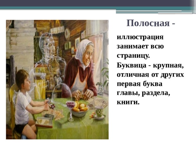 Полосная - иллюстрация занимает всю страницу. Буквица - крупная, отличная от других первая буква главы, раздела, книги.  