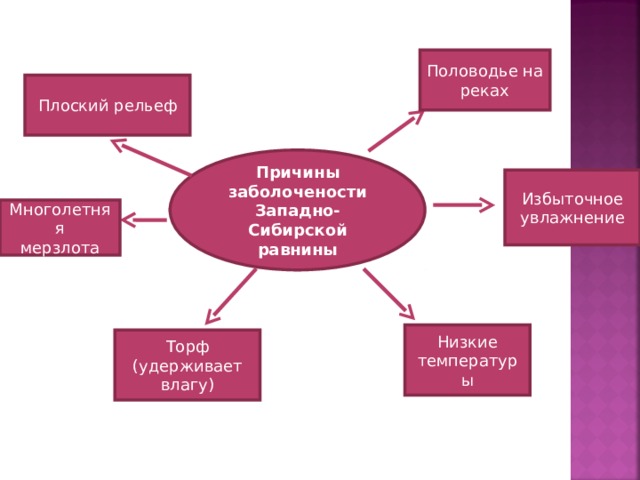 Половодье на реках Плоский рельеф Причины заболочености Западно-Сибирской равнины Избыточное увлажнение Многолетняя мерзлота Низкие температуры Торф (удерживает влагу) 