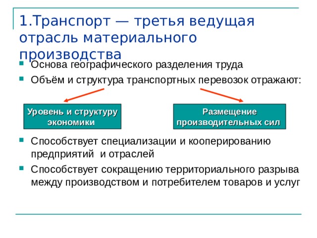 1.Транспорт — третья ведущая отрасль материального производства Основа географического разделения труда Объём и структура транспортных перевозок отражают:    Способствует специализации и кооперированию предприятий и отраслей Способствует сокращению территориального разрыва между производством и потребителем товаров и услуг Уровень и структуру экономики Размещение производительных сил 