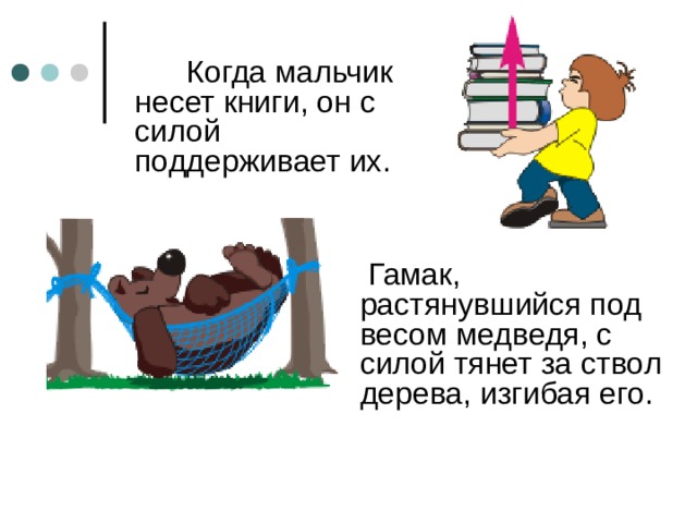  Когда мальчик несет книги, он с силой поддерживает их.    Гамак, растянувшийся под весом медведя, с силой тянет за ствол дерева, изгибая его.  