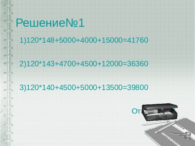 Решение№1 1)120*148+5000+4000+15000=41760 2)120*143+4700+4500+12000=36360 3)120*140+4500+5000+13500=39800  Ответ:36360. 