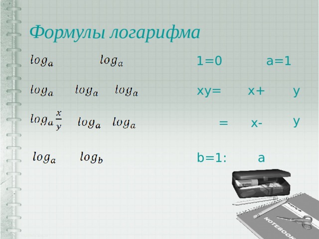 Формулы логарифма 1=0 a=1 x+ y xy= y  = x- b=1: a 