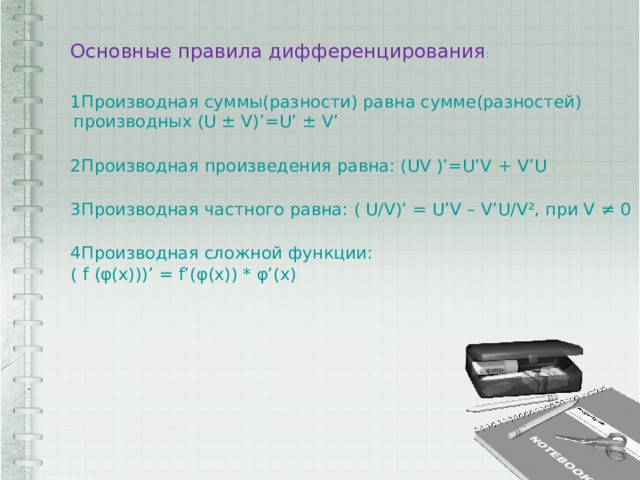 Основные правила дифференцирования : 1Производная суммы(разности) равна сумме(разностей) производных (U ± V)’=U’ ± V’ 2Производная произведения равна: (UV )’=U’V + V’U 3Производная частного равна: ( U/V)’ = U’V – V’U/V², при V ≠ 0 4Производная сложной функции: ( f (φ(x)))’ = f’(φ(x)) * φ’(x) 