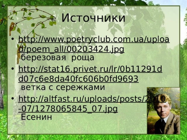 Источники http://www.poetryclub.com.ua/upload/poem_all/00203424.jpg березовая роща http://stat16.privet.ru/lr/0b11291dd07c6e8da40fc606b0fd9693 ветка с сережками http://altfast.ru/uploads/posts/2010-07/1278065845_07.jpg Есенин 