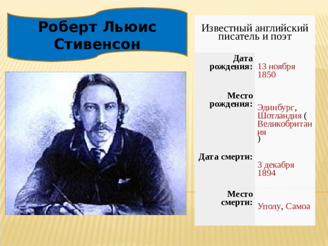 Роберт Льюис Стивенсон Известный английский писатель и поэт Дата рождения: 13 ноября  1850 Место рождения: Эдинбург , Шотландия ( Великобритания ) Дата смерти: 3 декабря  1894 Место смерти: Уполу , Самоа 