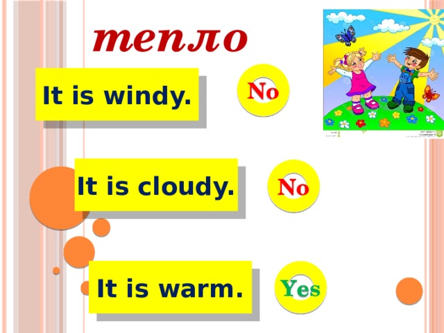 тепло No It is windy. It is cloudy. No Yes It is warm. 