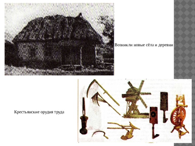 Возникли новые сёла и деревни Крестьянские орудия труда 
