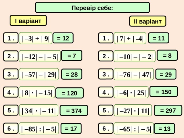 Самостійна робота Перевір себе: І варіант ІІ варіант | 7| + | – 4| | –3| + | 9| = 11 1 . 1 . = 12 = 8 = 7 | –10| – | – 2| | –12| – | – 5| 2 . 2 . | –76| – | 47| | –57| – | 29| 3 . 3 . = 29 = 28 = 150 | –6| · | 25| | 8| · | –  15| 4 . 4 . = 120 | –27| · | 11| | 34| · | –  11| 5 . 5 . = 297 = 374 | –65| : | –  5| | –85| : | –  5| 6 . 6 . = 17 = 13 