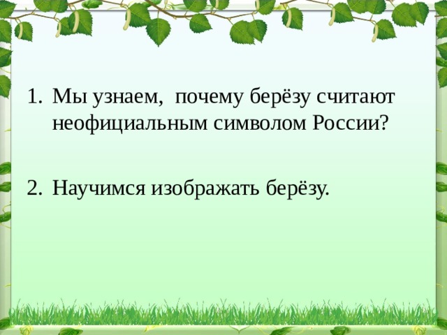 Мы узнаем, почему берёзу считают неофициальным символом России?  Научимся изображать берёзу. 