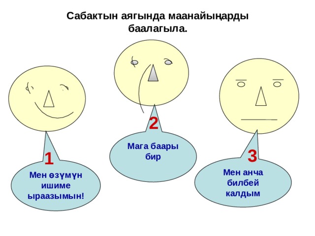 Сабактын аягында маанайыңарды баалагыла. 2 Мага баары бир 3 1 1 Мен анча билбей калдым Мен өзүмүн ишиме ыраазымын!  