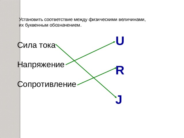 Установить соответствие между физическими величинами, их буквенным обозначением. U  R  J Сила тока Напряжение Сопротивление 