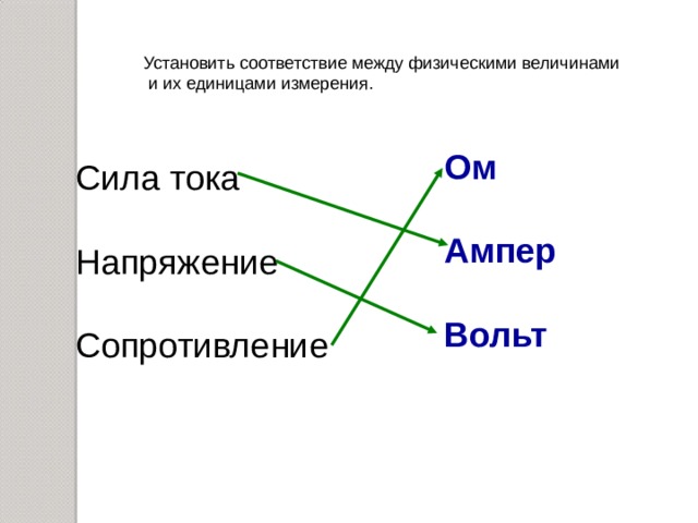 Установить соответствие между физическими величинами  и их единицами измерения. Ом  Ампер  Вольт Сила тока Напряжение Сопротивление 