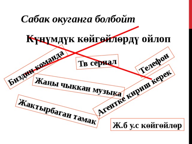 Биздин команда Тв сериал Жаңы чыккан музыка Телефон Жактырбаган тамак Агентке кириш керек Сабак окуганга болбойт Күнүмдүк көйгөйлөрдү ойлоп Ж.б у.с көйгөйлөр 