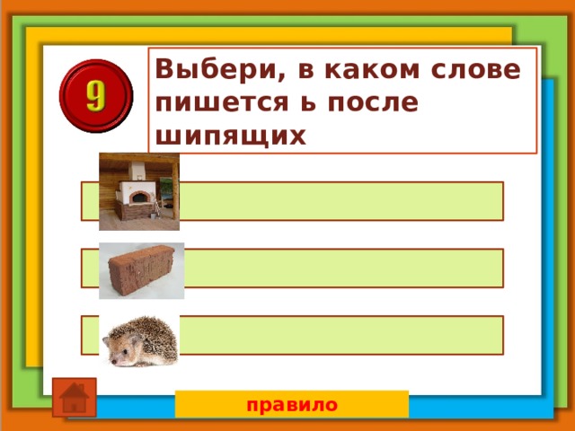 Выбери, в каком слове пишется ь после шипящих правило 