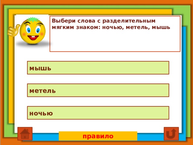 Выбери слова с разделительным мягким знаком: ночью, метель, мышь мышь метель ночью правило 