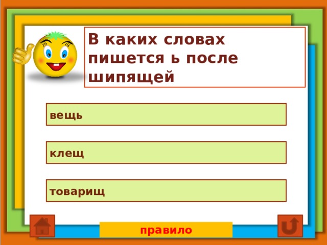 В каких словах пишется ь после шипящей вещь клещ товарищ правило 