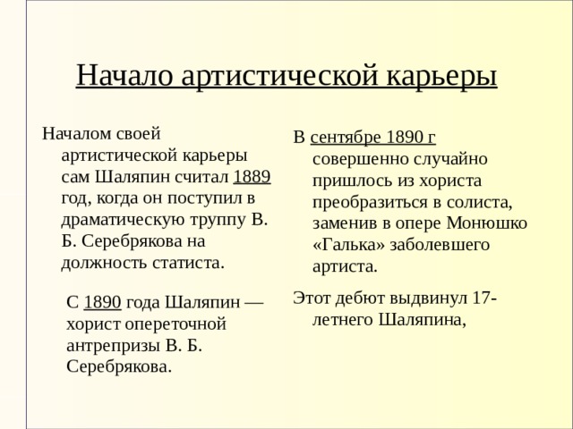 Начало артистической карьеры Началом своей артистической карьеры сам Шаляпин считал 1889 год, когда он поступил в драматическую труппу В. Б. Серебрякова на должность статиста. В сентябре 1890 г совершенно случайно пришлось из хориста преобразиться в солиста, заменив в опере Монюшко «Галька» заболевшего артиста. Этот дебют выдвинул 17-летнего Шаляпина, С 1890 года Шаляпин — хорист опереточной антрепризы В. Б. Серебрякова. 