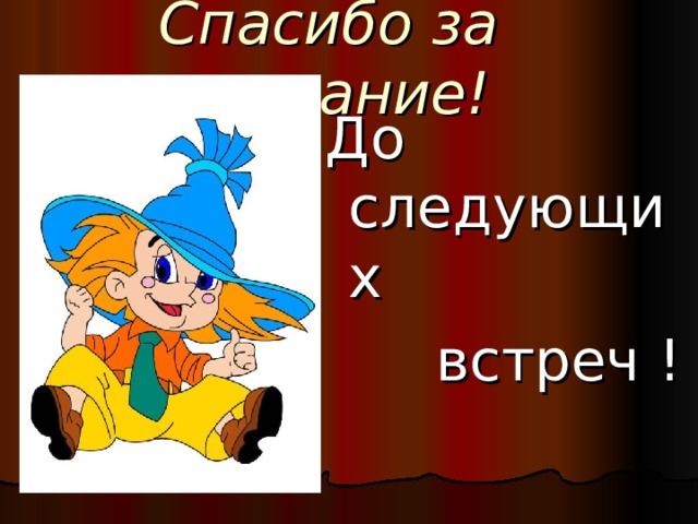 Спасибо за внимание! До следующих  встреч ! 