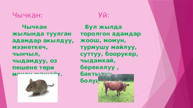 Чычкан: Уй:  Чычкан жылында туулган адамдар акылдуу, мээнеткеч, чынчыл, чыдамдуу, оз пешене тери менен жашайт.  Бул жылда торолгон адамдар жоош, момун, турмушу майлуу, суттуу, боорукер, чыдамкай, берекелуу , бактылуу болушат. 