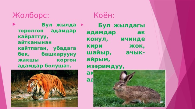 Жолборс: Коён:  Бул жылда торолгон адамдар кайраттуу, айтканынан кайтпаган, убадага бек, башкарууну жакшы коргон адамдар болушат.  Бул жылдагы адамдар ак конул, ичинде кири жок, шайыр, ачык-айрым, мээримдуу, акылдуу адамдар. 