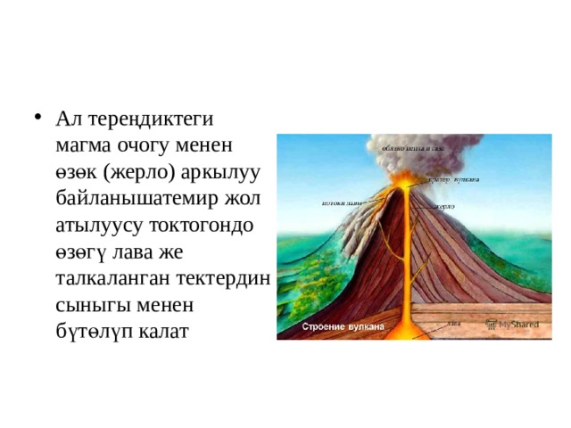 Ал тереңдиктеги магма очогу менен өзөк (жерло) аркылуу байланышатемир жол атылуусу токтогондо өзөгү лава же талкаланган тектердин сыныгы менен бүтөлүп калат 