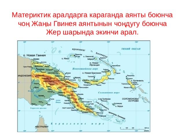 Материктик аралдарга караганда аянты боюнча чоң Жаңы Гвинея аянтынын чоңдугу боюнча Жер шарында экинчи арал. 