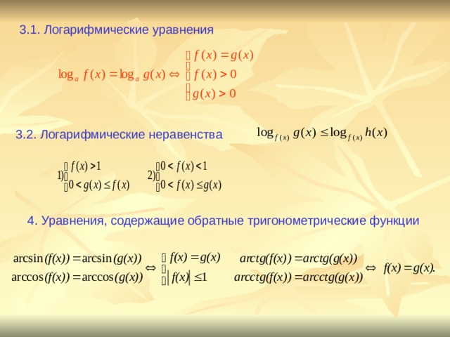 3.1. Логарифмические уравнения 3.2. Логарифмические неравенства 4. Уравнения, содержащие обратные тригонометрические функции 