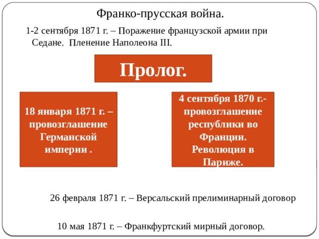 Франко-прусская война.  1-2 сентября 1871 г. – Поражение французской армии при Седане. Пленение Наполеона III.  26 февраля 1871 г. – Версальский прелиминарный договор  10 мая 1871 г. – Франкфуртский мирный договор. Пролог. 4 сентября 1870 г.- 18 января 1871 г. – провозглашение Германской империи .  провозглашение республики во  Франции. Революция в Париже. 