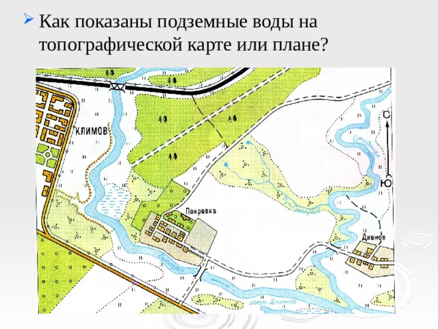 Как показаны подземные воды на топографической карте или плане? 