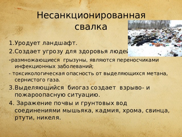  Несанкционированная  свалка 1.Уродует ландшафт. 2.Создает угрозу для здоровья людей: - размножающиеся грызуны, являются переносчиками инфекционных заболеваний; - токсикологическая опасность от выделяющихся метана, сернистого газа. 3.Выделяющийся биогаз создает взрыво- и пожароопасную ситуацию. 4. Заражение почвы и грунтовых вод соединениями мышьяка, кадмия, хрома, свинца, ртути, никеля. 