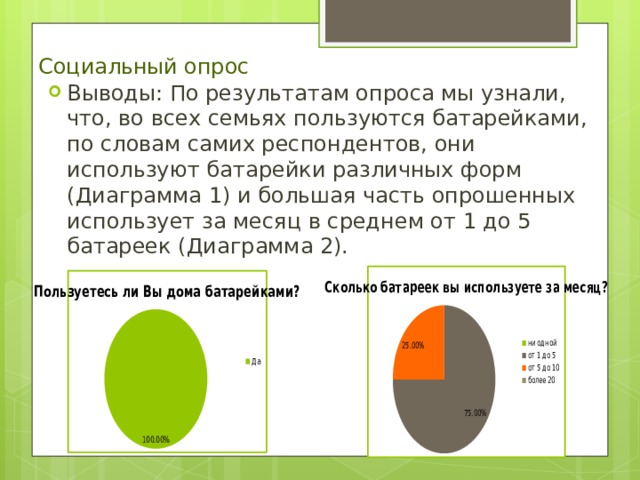 Социальный опрос Выводы: По результатам опроса мы узнали, что, во всех семьях пользуются батарейками, по словам самих респондентов, они используют батарейки различных форм (Диаграмма 1) и большая часть опрошенных использует за месяц в среднем от 1 до 5 батареек (Диаграмма 2). 
