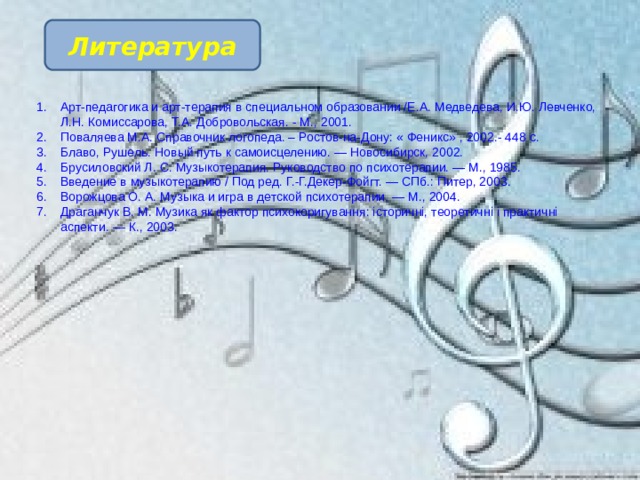 Литература Арт-педагогика и арт-терапия в специальном образовании /Е.А. Медведева, И.Ю. Левченко, Л.Н. Комиссарова, Т.А. Добровольская. - М., 2001. Поваляева М.А. Справочник логопеда. – Ростов-на-Дону: « Феникс» , 2002.- 448 с. Блаво, Рушель. Новый путь к самоисцелению. — Новосибирск, 2002. Брусиловский Л. С. Музыкотерапия. Руководство по психотерапии. — М., 1985. Введение в музыкотерапию / Под ред. Г.-Г.Декер-Фойгт. — СПб.: Питер, 2003. Ворожцова О. А. Музыка и игра в детской психотерапии. — М., 2004. Драганчук В. М. Музика як фактор психокоригування: історичні, теоретичні і практичні аспекти. — К., 2003. 