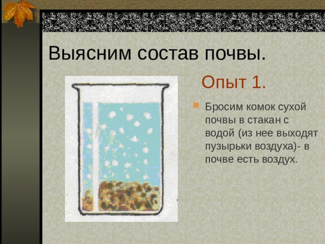 Опыт 1. Бросим комок сухой почвы в стакан с водой (из нее выходят пузырьки воздуха)- в почве есть воздух.  