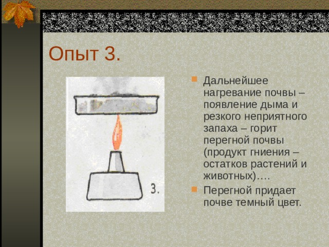 Опыт 3. Дальнейшее нагревание почвы – появление дыма и резкого неприятного запаха – горит перегной почвы (продукт гниения – остатков растений и животных)…. Перегной придает почве темный цвет.  
