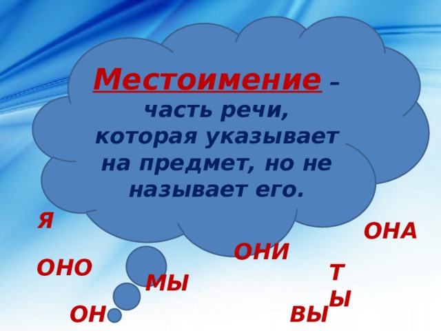Местоимение  – часть речи, которая указывает на предмет, но не называет его. Я ОНА ОНИ ОНО ТЫ МЫ ОН ВЫ 