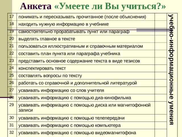 Анкета «Умеете ли Вы учиться?» 17 понимать и пересказывать прочитанное (после объяснения) 18 находить нужную информацию в учебнике 19 учебно-информационные умения 20 самостоятельно прорабатывать пункт или параграф выделять главное в тексте 21 пользоваться иллюстративным и справочным материалом 22 составить план пункта или параграфа учебника 23 представить основное содержание текста в виде тезисов 24 конспектировать текст 25 составлять вопросы по тексту 26 работать со справочной и дополнительной литературой 27 усваивать информацию со слов учителя 28 усваивать информацию с помощью диа-кинофильма 29 усваивать информацию с помощью диска или магнитофонной записи 30 усваивать информацию с помощью телепередачи 31 усваивать информацию с помощью компьютера 32 усваивать информацию с помощью видеомагнитофона 