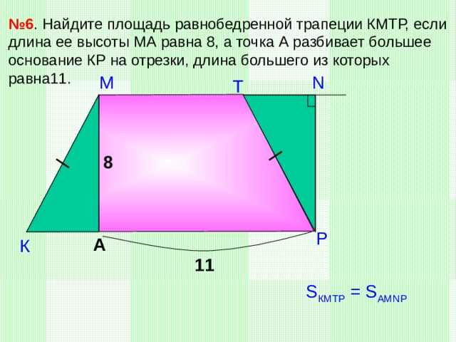 № 6 . Найдите площадь равнобедренной трапеции КМТР, если длина ее высоты МА равна 8, а точка А разбивает большее основание КР на отрезки, длина большего из которых равна11. N М Т 8 Л.И. Звавич, Е.В. Потоскуев «Тестовые задания по геометрии» 8 класс. Р А К 11 S КМТР = S АМ NP  8 