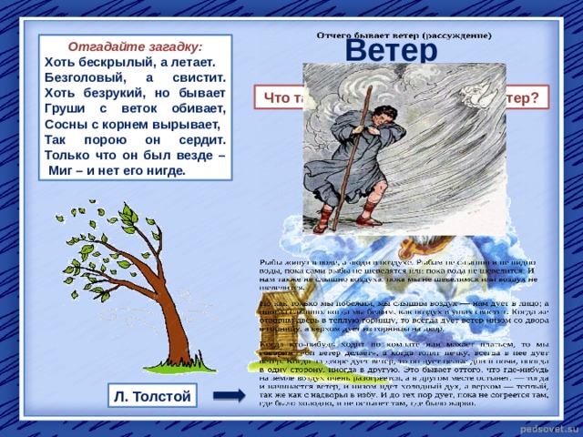 Ветер Отгадайте загадку: Хоть бескрылый, а летает. Безголовый, а свистит.  Хоть безрукий, но бывает  Груши с веток обивает,  Сосны с корнем вырывает, Так порою он сердит.  Только что он был везде –  Миг – и нет его нигде. Что такое ветер? Почему дует ветер? Л. Толстой 