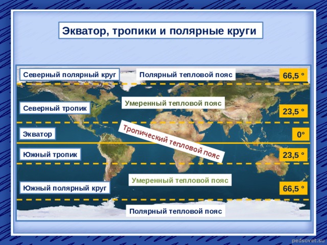 Тропический тепловой пояс Экватор, тропики и полярные круги Северный полярный круг Полярный тепловой пояс 66,5 ° Умеренный тепловой пояс Северный тропик 23,5 ° Экватор 0° 23,5 ° Южный тропик Умеренный тепловой пояс 66,5 ° Южный полярный круг Полярный тепловой пояс 