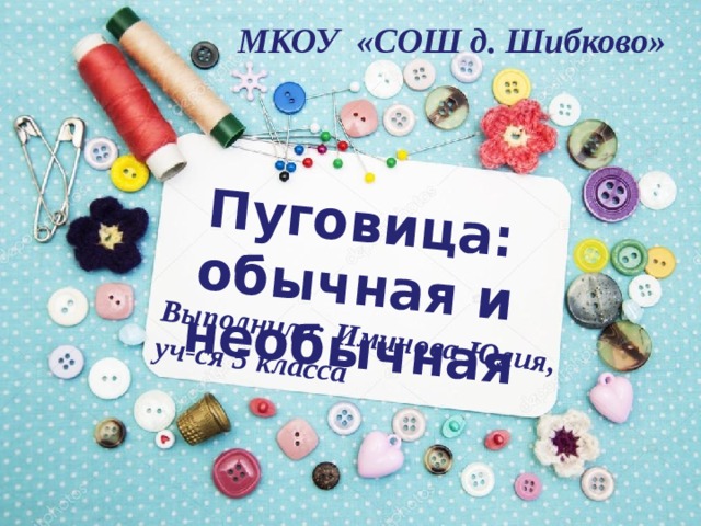 МКОУ «СОШ д. Шибково» Пуговица: обычная и необычная Выполнила: Иминова Юлия, уч-ся 5 класса 