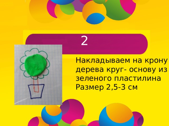 2 Накладываем на крону дерева круг- основу из зеленого пластилина Размер 2,5-3 см 