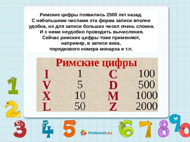 Римские цифры появились 2500 лет назад. С небольшими числами эта форма записи вполне удобна, но для записи больших чисел очень сложна.  И с ними неудобно проводить вычисления. Сейчас римские цифры тоже применяют, например, в записи века, порядкового номера монарха и т.п. 