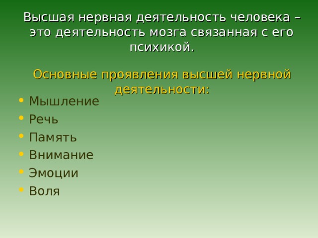 Высшая нервная деятельность человека – это деятельность мозга связанная с его психикой.   Основные проявления высшей нервной деятельности: Мышление Речь Память Внимание Эмоции Воля 