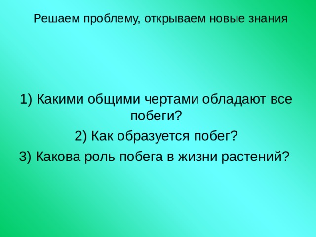 Решаем проблему, открываем новые знания 1) Какими общими чертами обладают все побеги? 2) Как образуется побег? 3) Какова роль побега в жизни растений? 