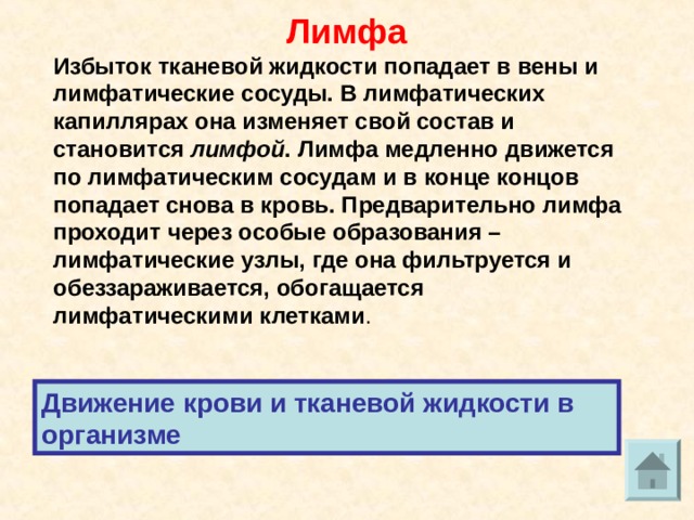 Лимфа Избыток тканевой жидкости попадает в вены и лимфатические сосуды. В лимфатических капиллярах она изменяет свой состав и становится лимфой . Лимфа медленно движется по лимфатическим сосудам и в конце концов попадает снова в кровь. Предварительно лимфа проходит через особые образования – лимфатические узлы, где она фильтруется и обеззараживается, обогащается лимфатическими клетками . Движение крови и тканевой жидкости в организме  