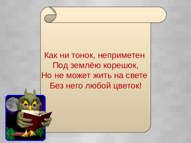 Как ни тонок, неприметен Под землёю корешок,  Но не может жить на свете  Без него любой цветок!  