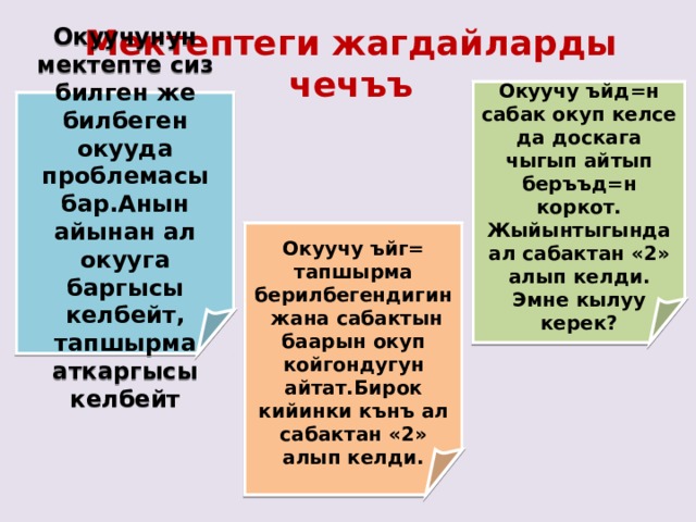 Мектептеги жагдайларды чечъъ  Окуучу ъйд=н сабак окуп келсе да доскага чыгып айтып беръъд=н коркот. Жыйынтыгында ал сабактан «2» алып келди. Эмне кылуу керек?  Окуучунун мектепте сиз билген же билбеген окууда проблемасы бар.Анын айынан ал окууга баргысы келбейт, тапшырма аткаргысы келбейт  Окуучу ъйг= тапшырма берилбегендигин жана сабактын баарын окуп койгондугун айтат.Бирок кийинки кънъ ал сабактан «2» алып келди. 